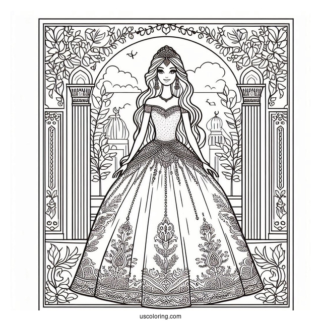 Princess Barbie In Gown Coloring Page
