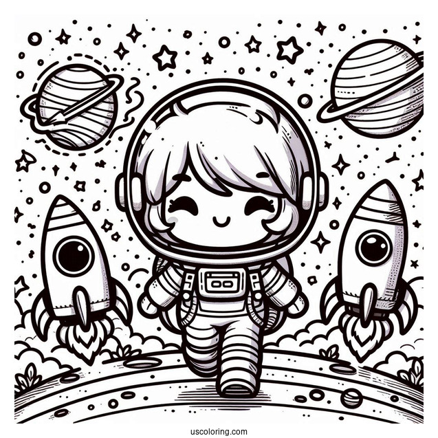 Outer Space Journey with a Chibi Coloring Page Astronaut and Rocket Ships