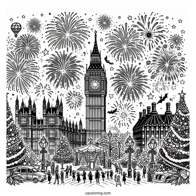 Classy New Year Coloring Page Of Celebration In London With Fireworks Behind The Big Ben