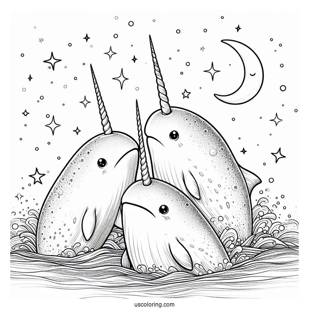 Three Realistic Narwhal Coloring Page Whales Emerging From Water