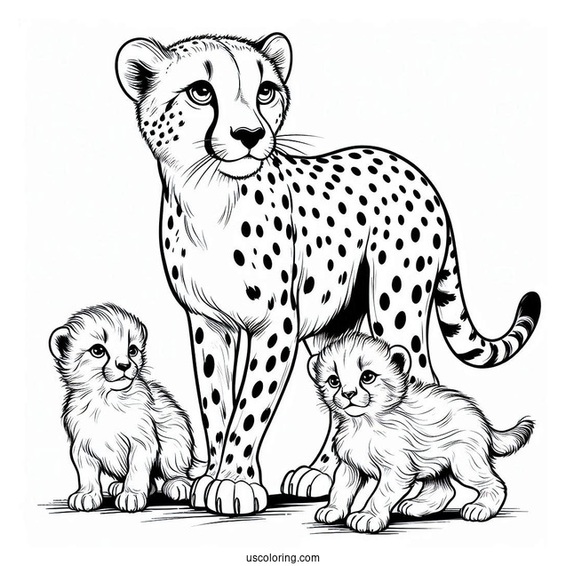 Mama Cheetah Coloring Page With Her Babies