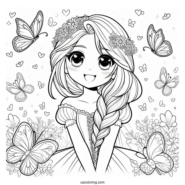 Princess Coloring Page Of Anime Rapunzel With Butterflies