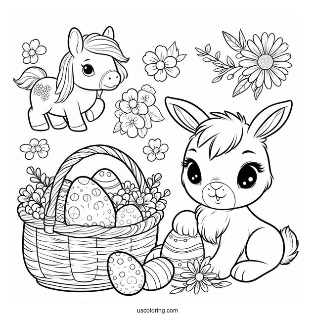Easter Bunny With A Basket Of Easter Coloring Page Of Eggs Next To A Pony For Kids