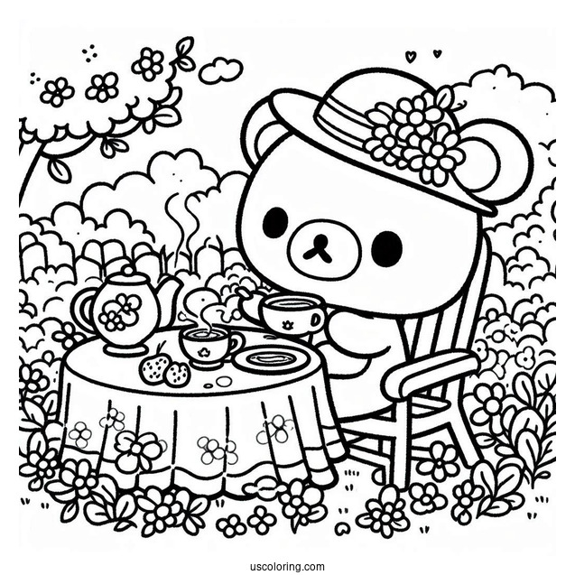 Rilakkuma Coloring Page Of Easy Chairoikoguma Having Tea In The Garden For Preschoolers