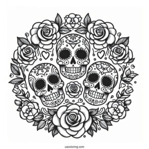 Sugar Skulls Coloring Page Inside A Rose Wreath