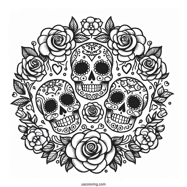 Sugar Skulls Coloring Page Inside A Rose Wreath