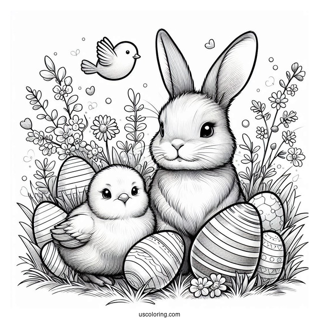 Easter Coloring Page Of Realistic Bunny And Chick On The Grass With Easter Eggs