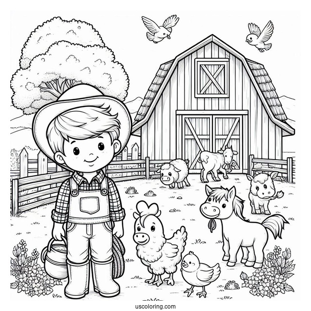 Farmer Boy With Animals Next To Barn
