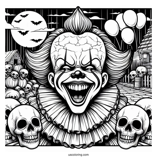 Laughing Pennywise With Skulls In Front Of A Haunted House