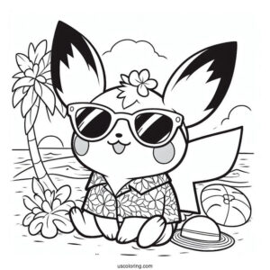 Pichu Coloring Page In Sunglasses And Hawaiian Shirt At The Beach