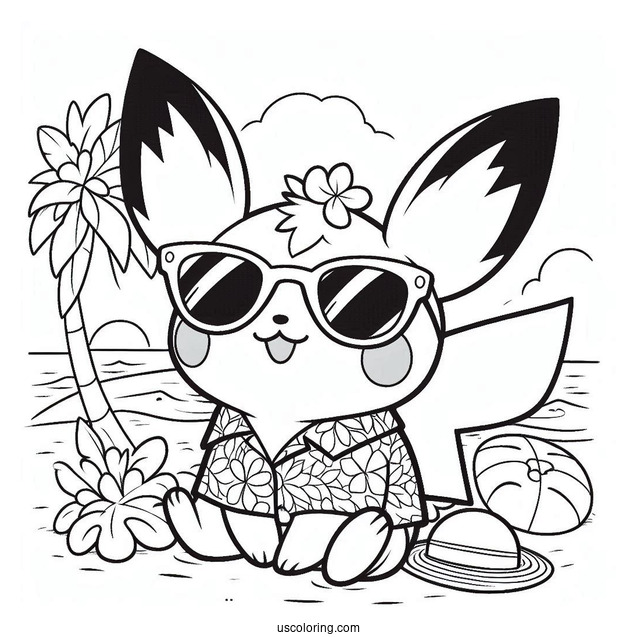 Pichu Coloring Page In Sunglasses And Hawaiian Shirt At The Beach