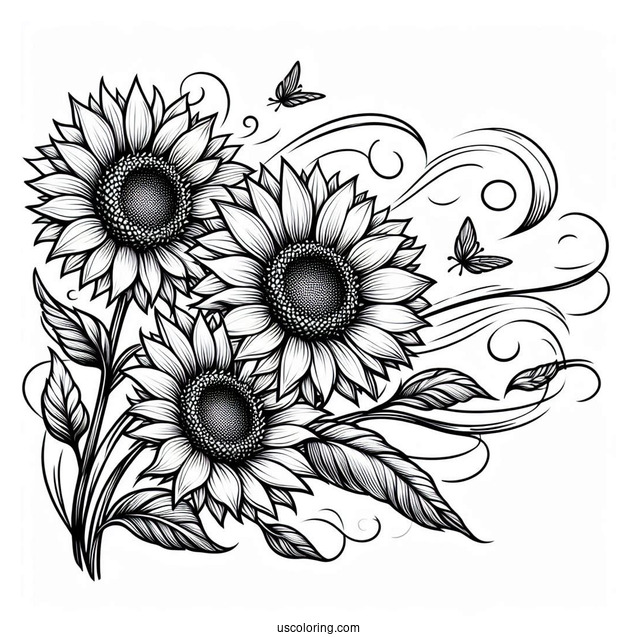 Sunflowers Blowing In The Wind For Coloring