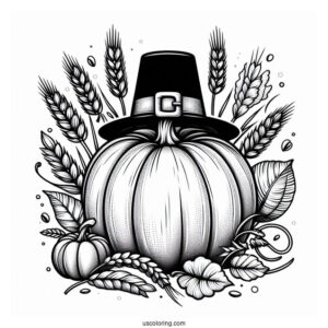 Pumpkin Coloring Page With Pilgrim's Hat, Fall Leaves, And Wheat
