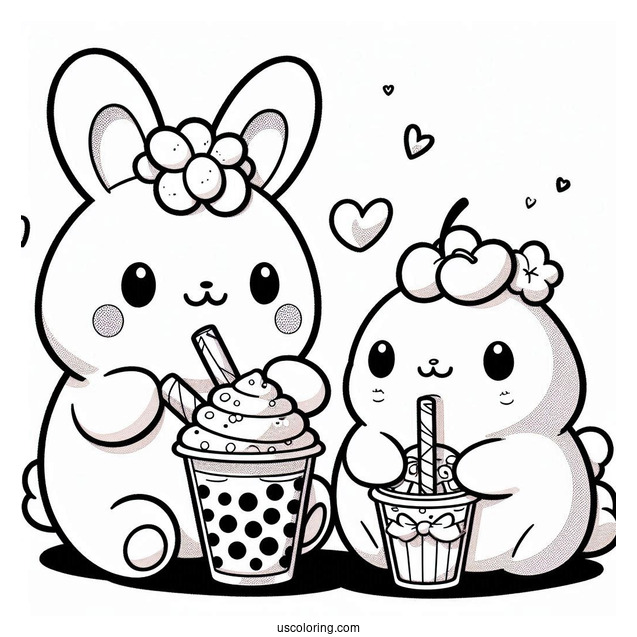 Pochacco Coloring Page Eating Sweets With Choppy On Top Of Boba Tea