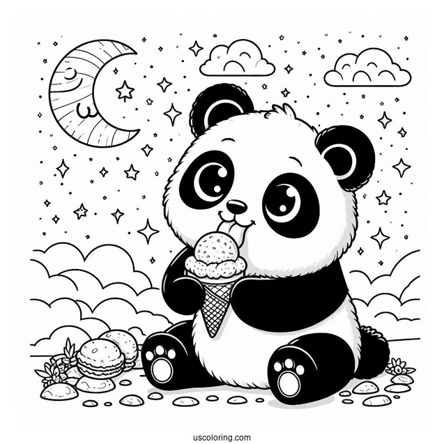 Furry Panda Coloring Page Eating Ice Cream In The Night Sky For Kids