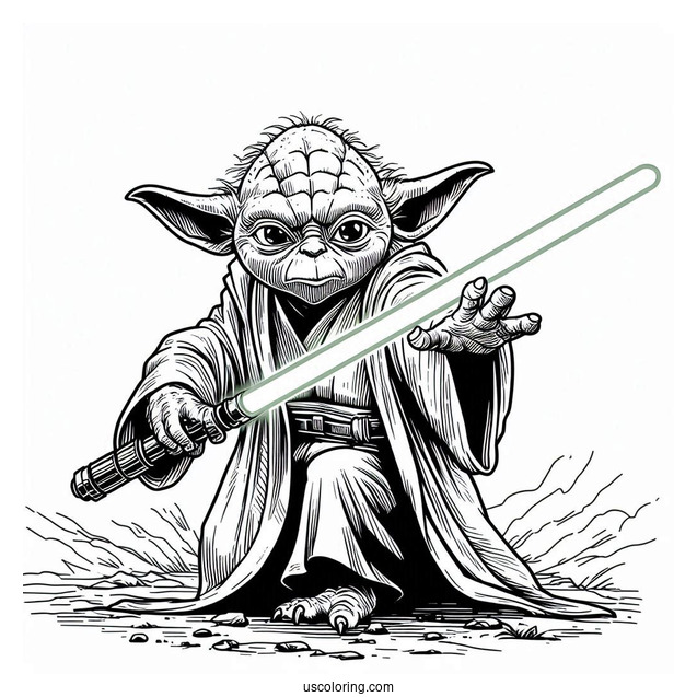 Yoda Fighting With Lightsaber Coloring In For Kids