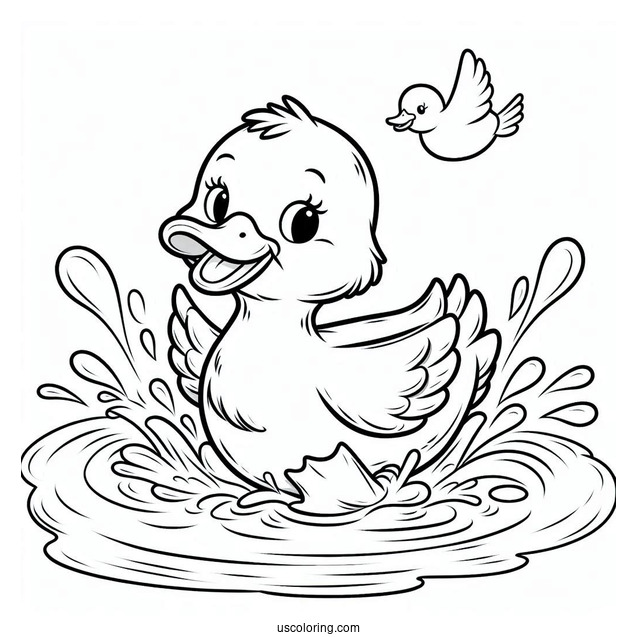 Playful Duck Splashing in Water Coloring Sheet For Preschoolers