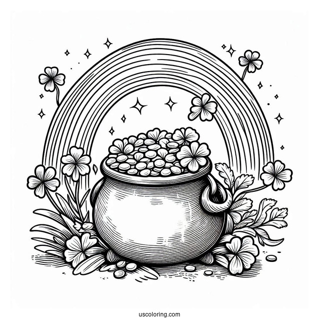 Pot Of Gold At End Of The Rainbow To Color