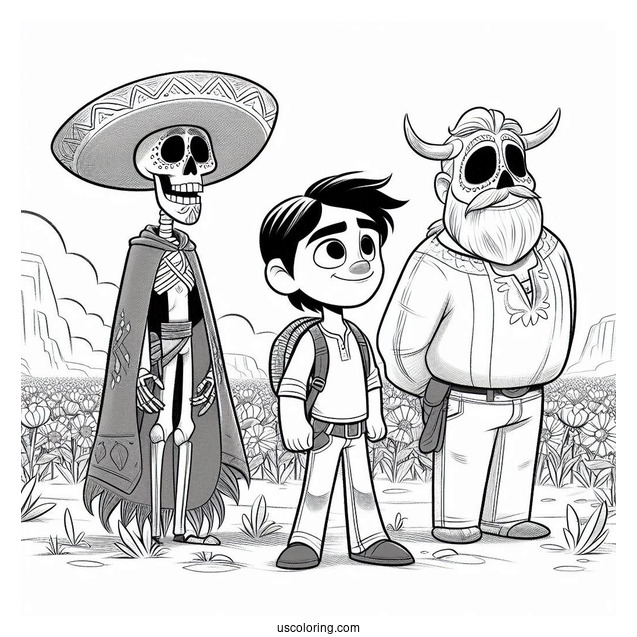 Pixar Coloring Page of Hector, Coco, And Dante In The Land Of The Dead