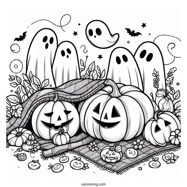 Pumpkin Coloring Page Of Blanket Ghosts Hovering Above Jack O Lanterns For Kids