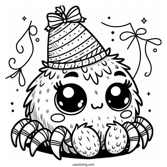 Cartoon Spider Wearing A Birthday Hat Coloring Sheet