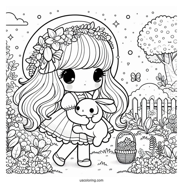 Kawaii Precious Moments Coloring Page Of Girl In Garden With Bunny For Kids