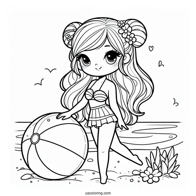 Simple Girl In Swimsuit With A Beach Ball Summer Coloring Page For Kids