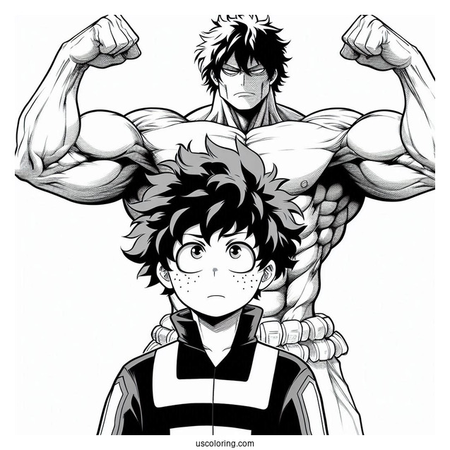 Izuku Midoriya In Front Of Muscular Deku Coloring Page