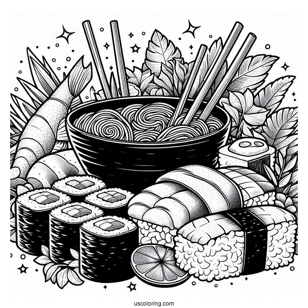 Sushi Coloring Pages Nigiri, Maki, Uramaki, Inaru, And Temari Sushi Bursting From A Ramen