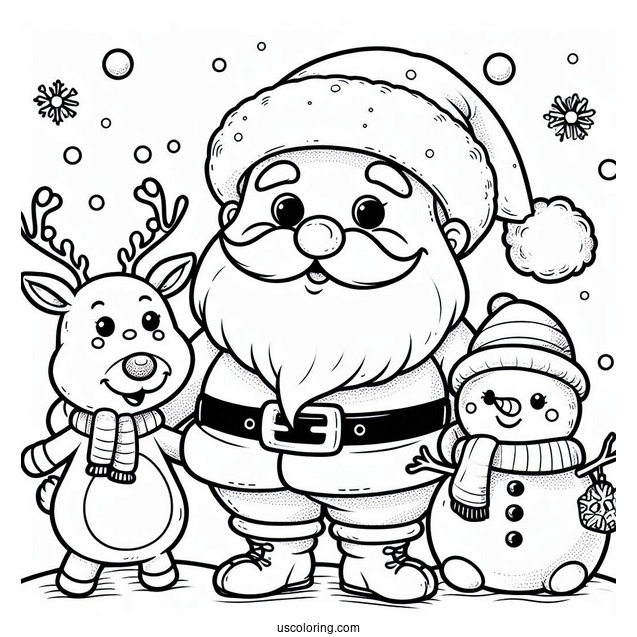 Santa With Rudolph And Snowman To Color