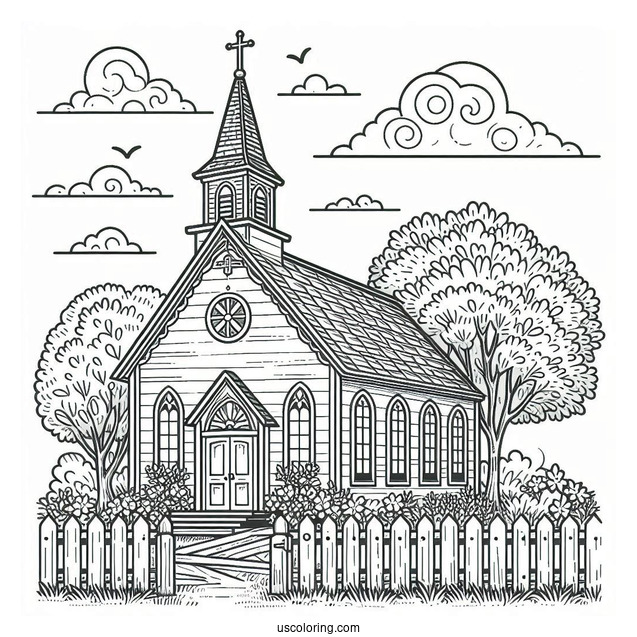 Old Church Coloring Page With A Fence