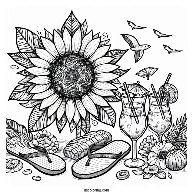 Summer Coloring Page Of Sunflower, Flip Flops, And Cocktails