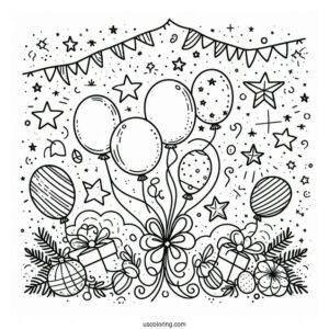 Happy New Year Coloring Page Of Balloons, Stars, And Confetti