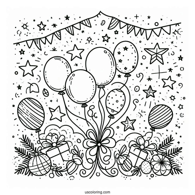 Happy New Year Coloring Page Of Balloons, Stars, And Confetti