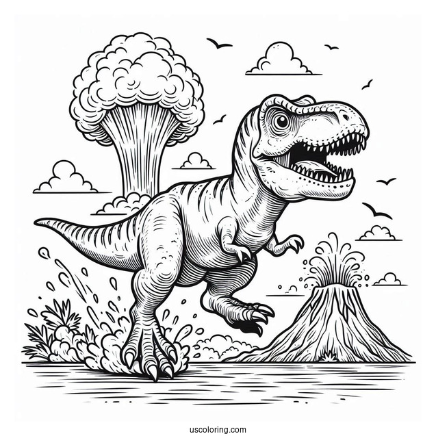 T-Rex Dinosaur Running From Volcano