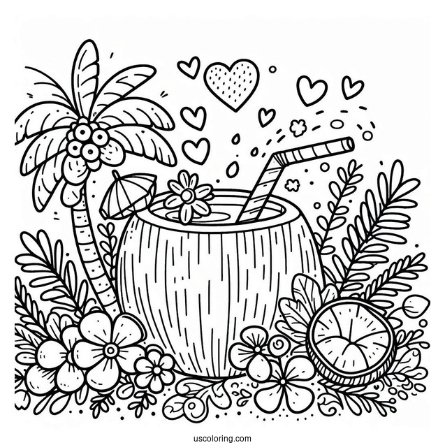 Adorable Coconut Coloring Page Drink With Flowers And Hearts For Kids