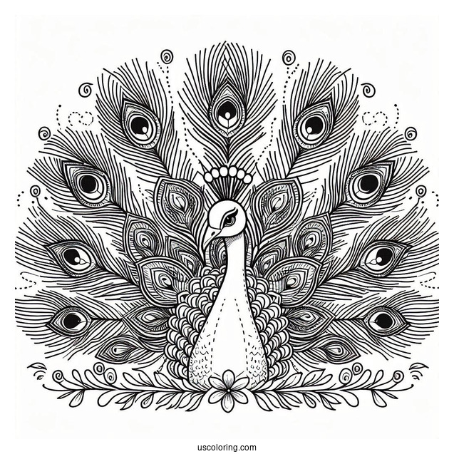 Peacock Coloring Page with Fanned Feathers by Mountain Pond
