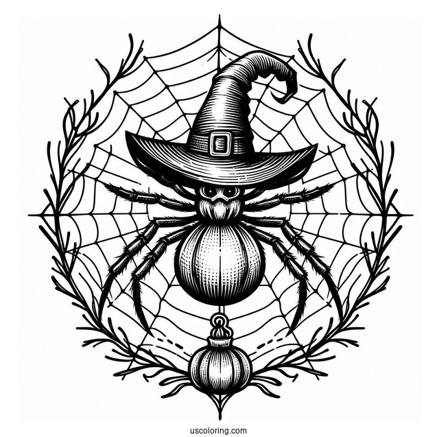 Outline Of Spider On Web Wearing Witches Hat