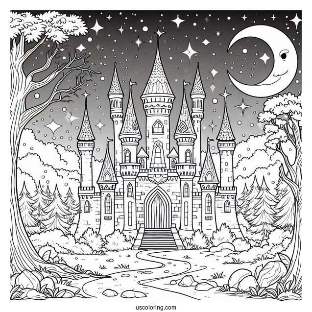 Magical Castle Coloring Page In The Forest With Starry Sky