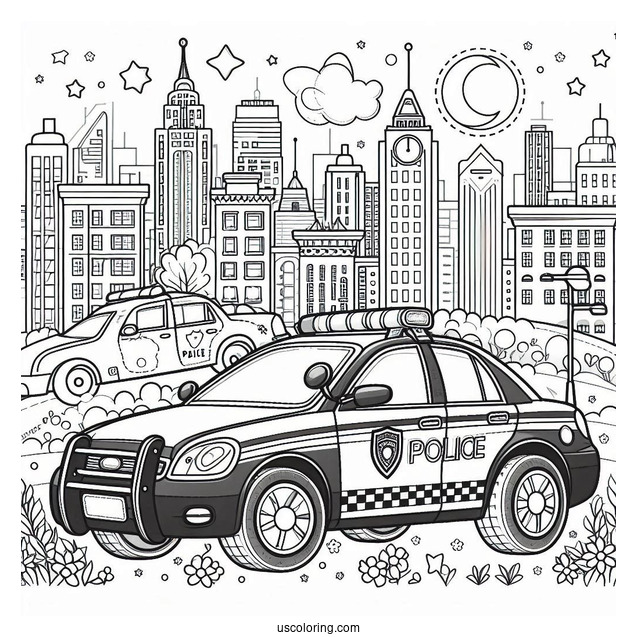 Coloring Page Of Police Car Driving In City