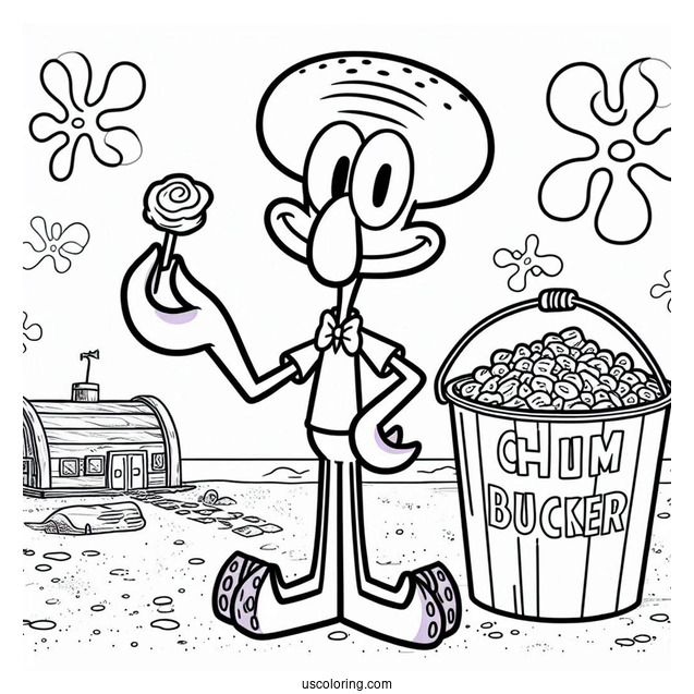 Handsome Squidward Coloring Page Posing In Front Of Chum Bucket
