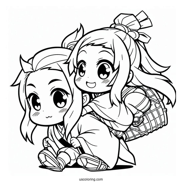 Chibi Tanjiro Coloring Page Carrying Nezuko On His Back For Preschoolers