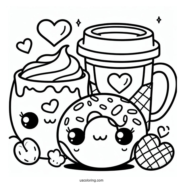 Cute Kawaii Donut And Coffee Coloring Page