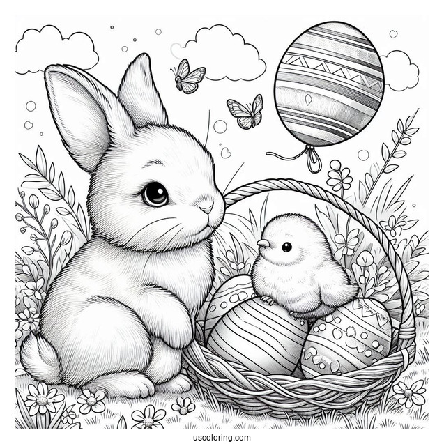 Easter Coloring Page Of Realistic Bunny And Chick On The Grass With Easter Eggs