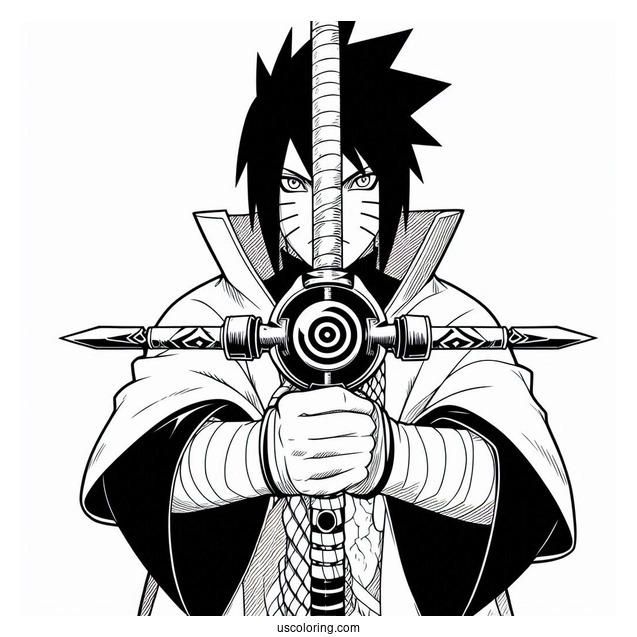 Naruto Coloring Page of Uchiha Sasuke Holding The Kusanagi