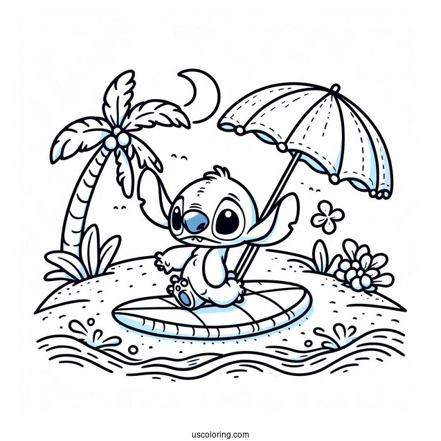 Stitch Running On The Beach With A Surfboard Coloring Sheet