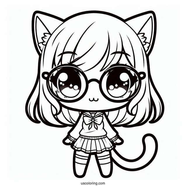 Chibi Nerdy Cat Girl Coloring Sheet For Kids