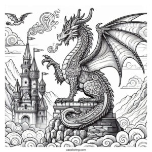 Dragon On Top Of Medieval Castle To Color