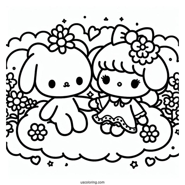 Sanrio Coloring Pages Of Kuromi And My Melody Holding Hands On Cloud