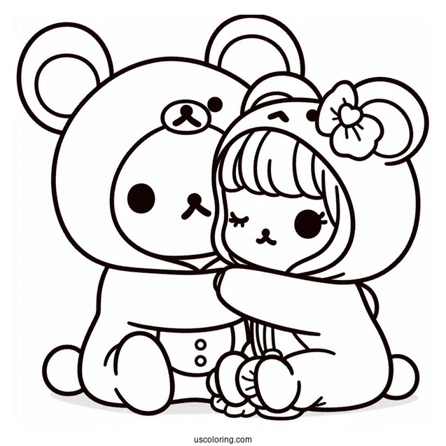 Friends Hugging Rilakkuma Coloring Page In Onesie Costume For Kids